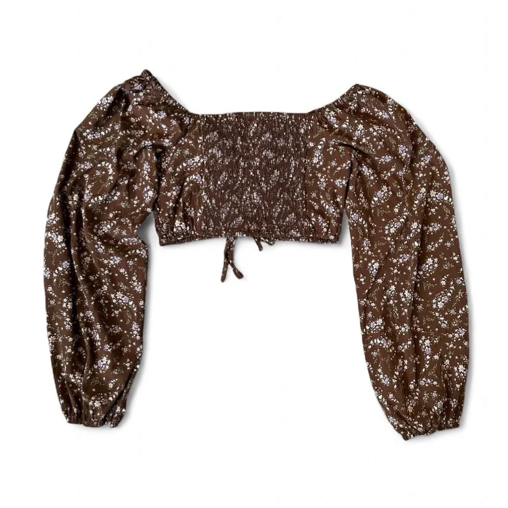 Lulus On My Side L Brown Floral Print Smocked 2 Piece Mini Dress Boho Soft Girl - Picture 5 of 7